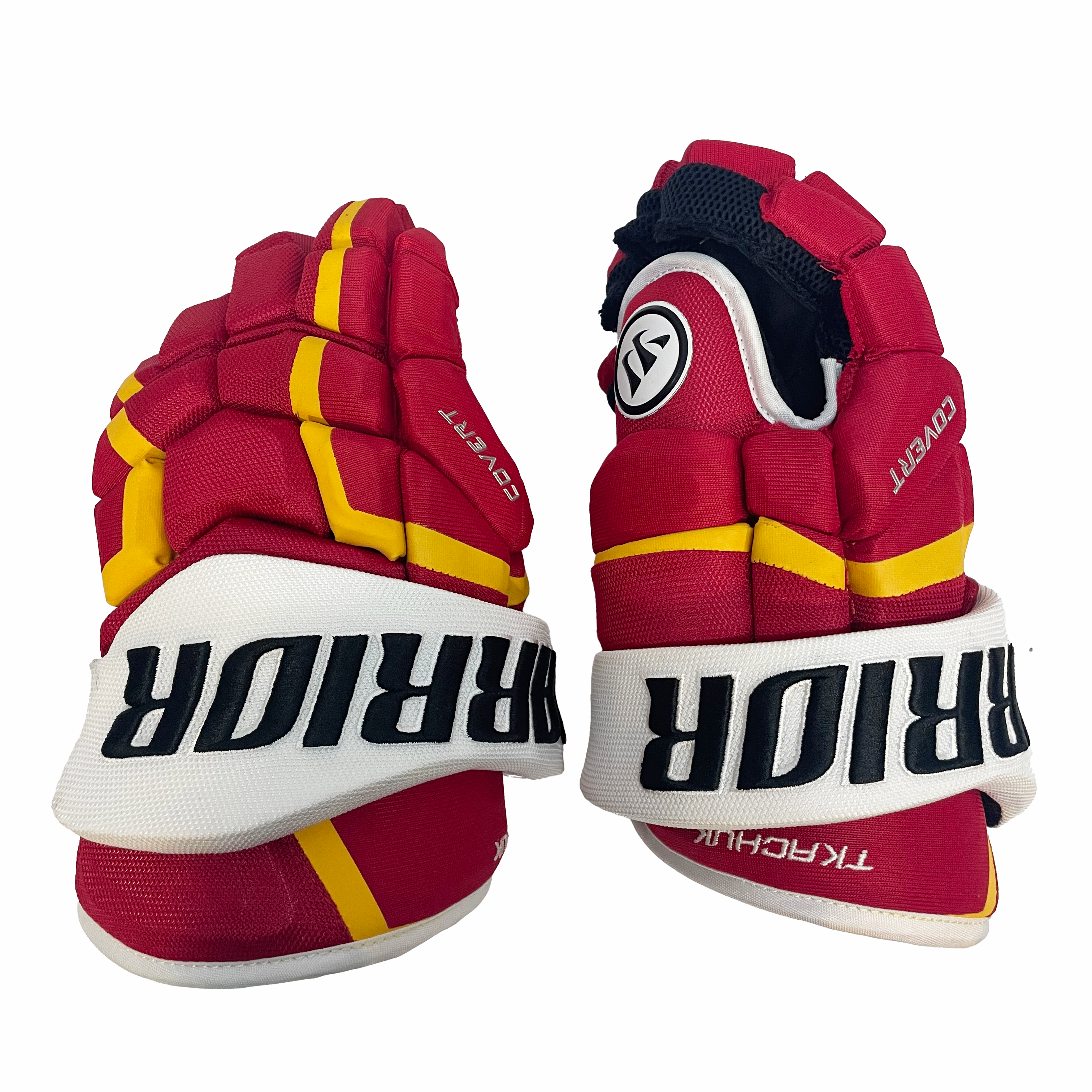 Warrior Covert QRL - Gant NHL Pro Stock - Matthew Tkachuk (Rouge/Jaune/Blanc)